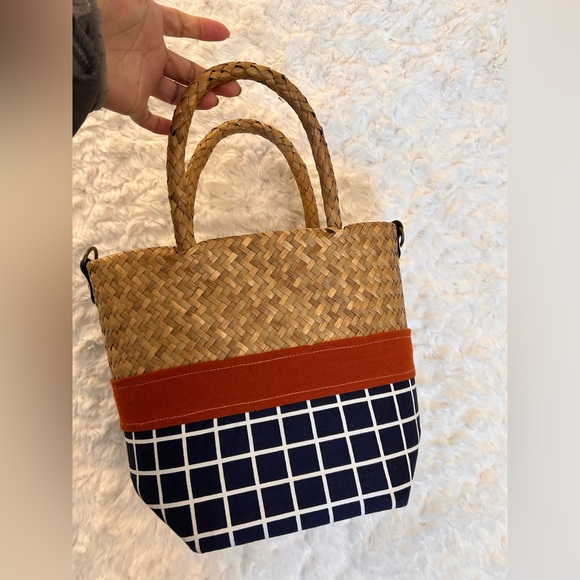 Woven Straw & Navy Grid Tote Bag with Rust Accent - Picture 2 of 12